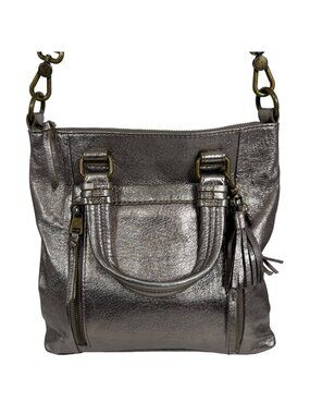 The Sak Sequoia Metallic Silver Leather Tassel Charm Shoulder Crossbody Bag EUC